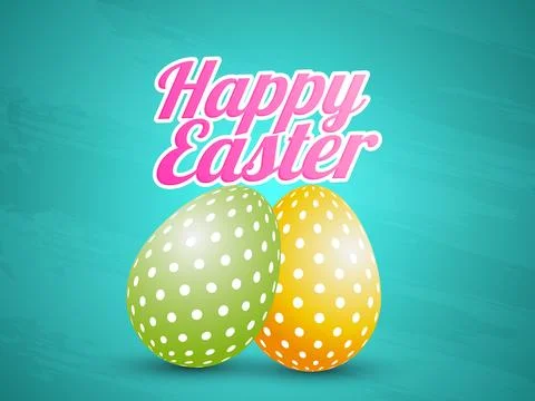 Glossy Two Painted Eggs on Light Blue Texture Background for Happy Easter C.. Stock Illustration