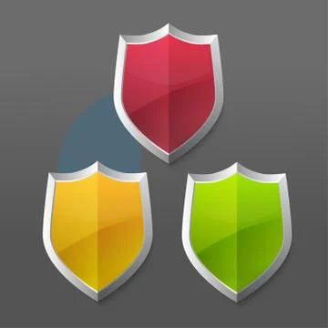 Glossy vector steel shield set. Protection symbol for design Stock Illustration