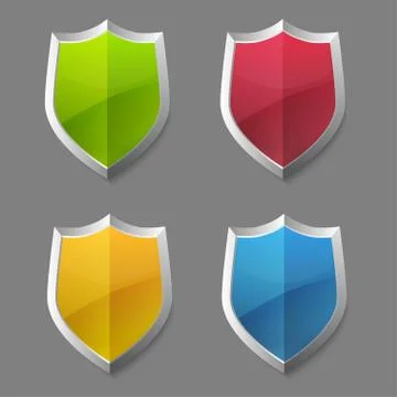 Glossy vector steel shield set. Protection symbol for design 스톡 일러스트