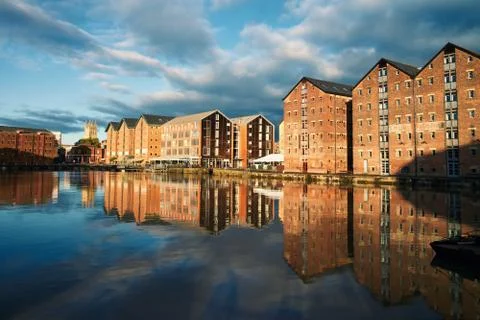 Gloucester Quays warehouses reflected in the canal Stock Photos