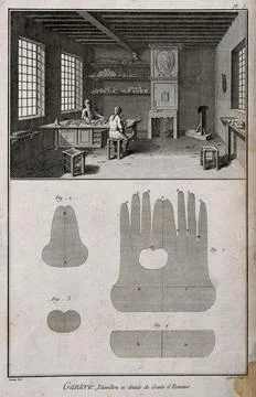 Glove makers: interior view with various tools of the trade. Etching by Def.. Stock Illustration