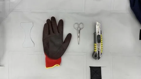 Glove, scissors, cutter. Work tools of Factory Worker Foto stock