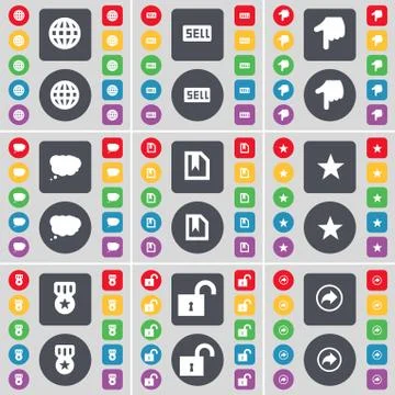 Glove, Sell, Hand, Chat cloud, File, Star, Medal, Lock, Back icon symbol. A larg 스톡 일러스트