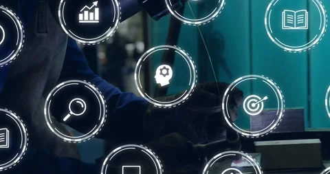 Gloved arms guiding welding torch into vise, HUD icons appearing, welding spark Stock Footage 331085411