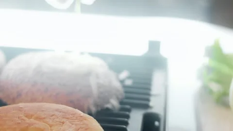 Gloved cook checking toasted buns near the grill hinge, 4K Stock Footage 341119579