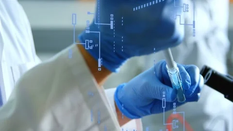 Gloved forearms placing pipette, lowering and drawing blue fluid for data with Stock Footage 335235414