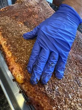 Gloved Hand Applying Dry Rub to Raw Pork Belly or Pork Butt Stock Photos