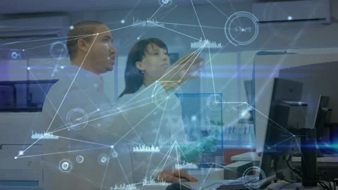 Gloved hand clicking mouse starting network overlay woman lab tech and man Stock Footage 330463239
