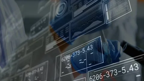 Gloved hand entering right, rotating pipette and transferring sample while HUD Stock Footage 332642220
