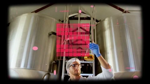Gloved hand entering, technician lifting flask into AR red grid in brewery, Stock Footage 331736496