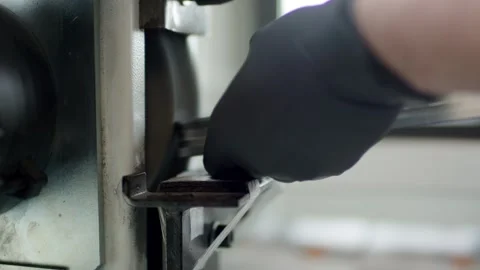 Gloved Hand Grinding Metal Blade, Workshop Machine, Close Up Shot Vídeo Stock 341489844