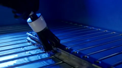 Gloved Hand Guiding Applicator along Metal Rail, Industrial Workbench, Close Up Видео 341490069