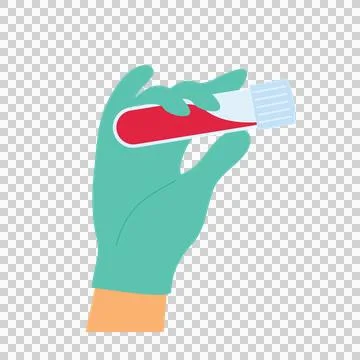 Gloved Hand Holding Blood Sample Test Tube Flat Vector Medical Icon. Stock Illustration