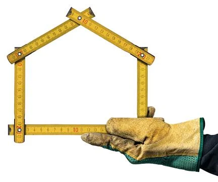 Gloved Hand Holding a Folding Ruler in the Shape of House - Isolated on White Stock Photos
