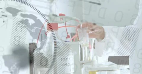 Gloved hand holding sample cup near labeled solvent bottle in lab, with pipette, 写真素材