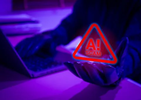 Gloved hand holding scam warning hologram with laptop in background, repres.. Stockfoto's