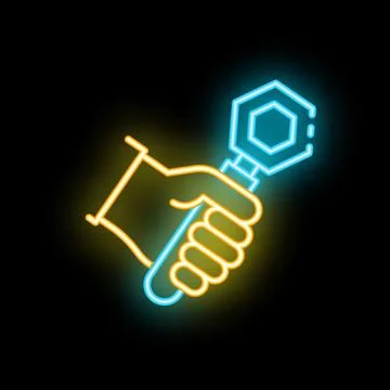 Gloved hand holding socket wrench neon sign on black background Stock Illustration