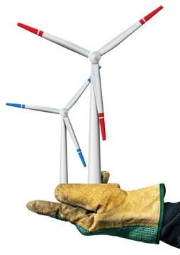 Gloved Hand Holding two Wind Turbines Isolated on White Background Stock Photos
