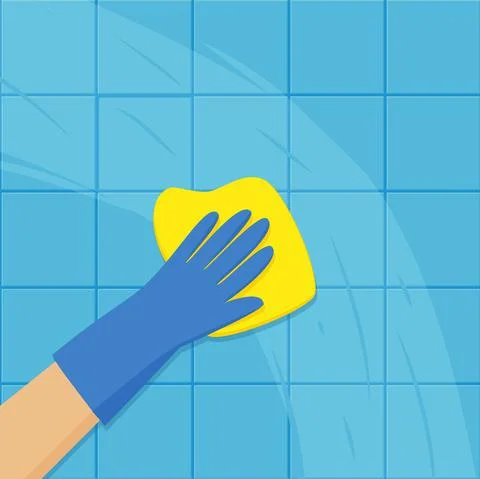 A gloved hand holds a washcloth. Cleaning service. Vector illustration in fla Stock Illustration