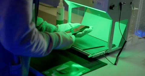 Gloved Hand Inspecting Smartphone, Green Light Quality Control Booth Stock Footage 342290929
