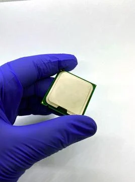 Gloved hand keeping a microprocessor with top up closeup view isolated on whi 스톡 사진