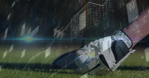 Gloved hand lifting golf ball on pristine green, blending futuristic chart data Vídeo Stock 307451755