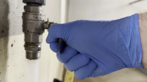 Gloved hand opening water valve faucet Stock-Footage 335589137