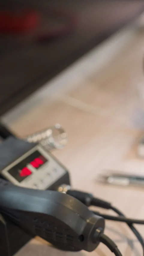 Gloved Hand Operating Soldering Station with Microscope and Circuit in Lab Stock Footage 310490495