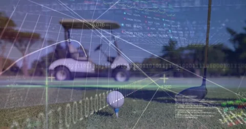 Gloved hand placing ball on tee triggers data transforming into analysis charts Stock Footage 330251495