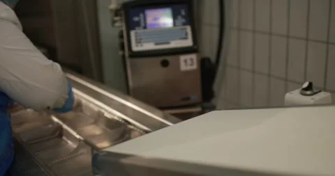 Gloved hand placing a slice of meat onto a conveyor line with an industrial Vídeo Stock 339991222