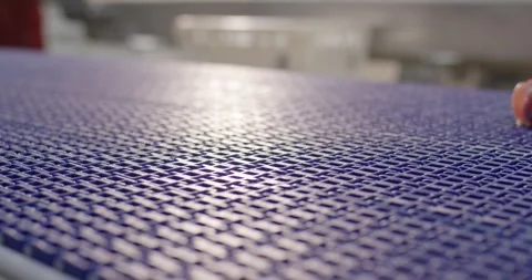 Gloved hand placing a small meat skewer onto a blue conveyor belt in a factory Stock Footage 340000653