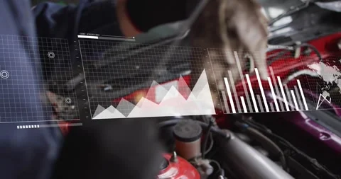 Gloved hand reaching engine bay, auto mechanic wiping strut while HUD charts Stock Footage 329904463