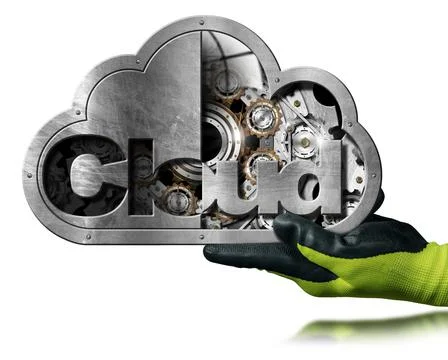 Gloved Hand Showing a Cloud Computing Symbol Isolated on White Background Foto stock