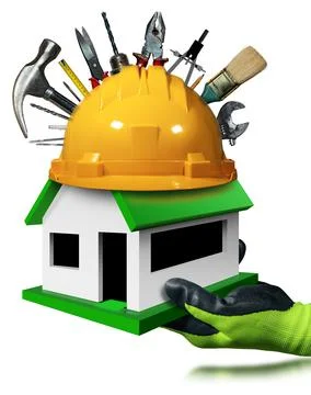 Gloved Hand Showing a Small Model House with Hardhat and Work Tools Stock Photos