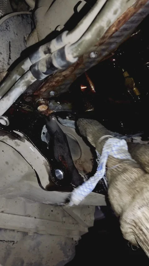 Gloved hand wipes oil from an exposed car engine block Stock Footage 336560159