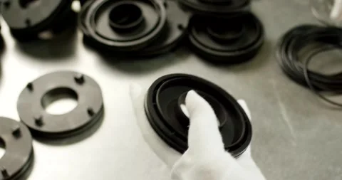 Gloved Hands Checking Rubber Gaskets from Batch, Production Table, Overhead Shot Video stock 340703274