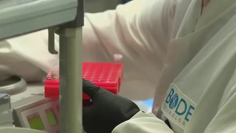 Gloved hands handle sample tubes in a crime laboratory testing DNA samples Video stock 345299136