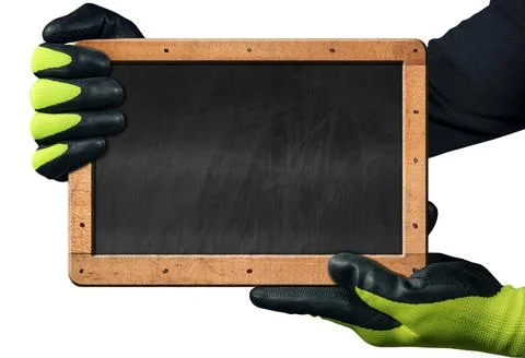 Gloved Hands Holding an Empty Blackboard with Wooden Frame Stock Photos