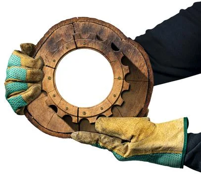Gloved Hands Holding a Section of Tree Trunk with a Wooden Gear Stock Photos