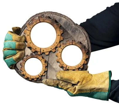 Gloved Hands Holding a Section of Tree Trunk with a Wooden Gears Stock Photos