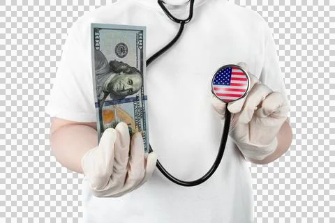Gloved hands holding US dollar bill and stethoscope with USA flag symbol Stock Photos