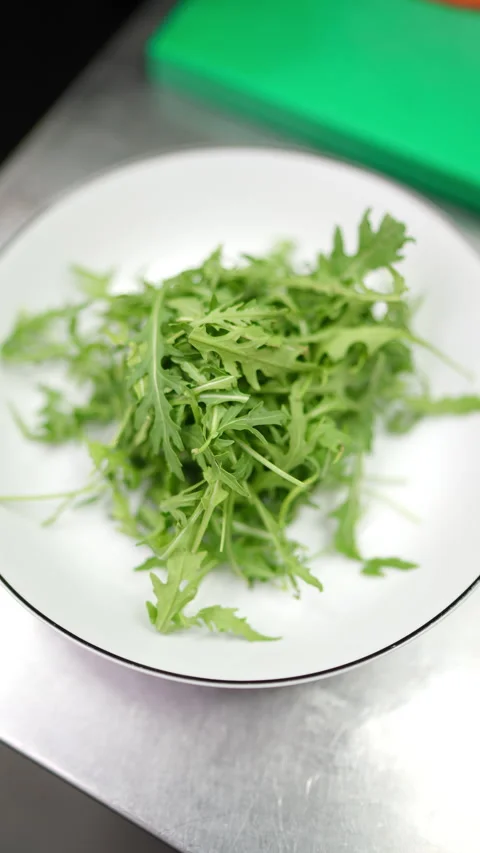 Gloved hands meticulously arrange a small portion of fresh arugula on a white Stock Footage 309112672
