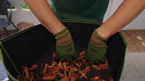 Gloved Hands Mix Bark Mulch and Soil in a Fabric Planter, Demonstrating Sustaina Stock Footage 341953675