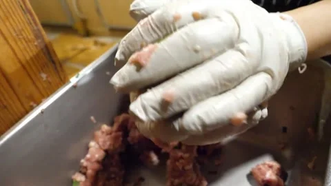 Gloved Hands Mixing and Shaping Raw Ground Meat Filling in Metal Tray Video stock 343588305