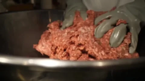 Gloved Hands Mixing Raw Ground Beef in Stainless Steel Bowl Stock-Footage 347689148