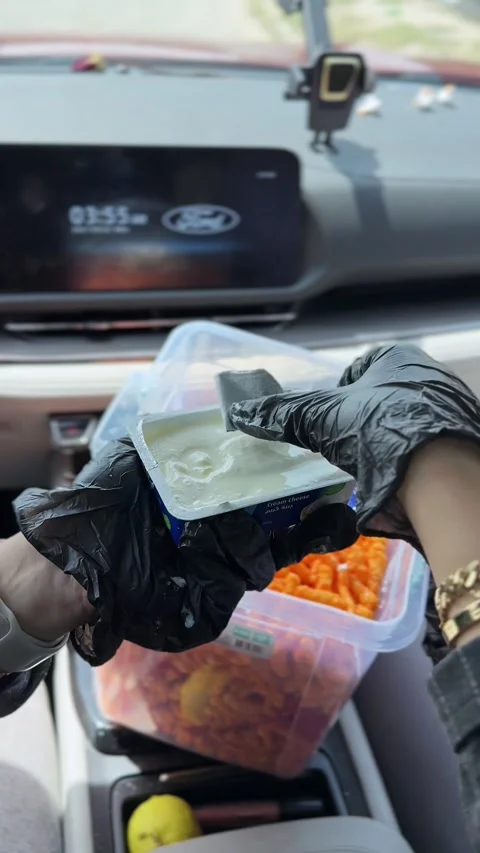 Gloved Hands Opening Puck Cream Cheese In Car Stock Footage 338426812