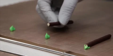 Gloved Hands Placing Chocolate Sticks on Baking Sheet Stock Footage 343588700