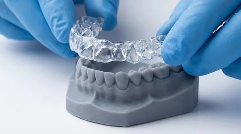 Gloved Hands Placing Clear Aligner on Grey 3D Printed Jaw Foto stock