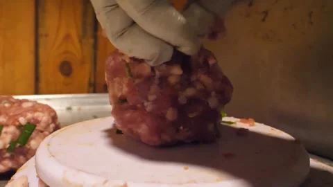 Gloved Hands Placing Fresh Raw Meatball on Digital Kitchen Scale for Portion Con Video stock 343588261