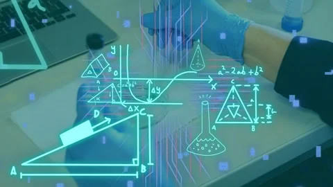 Gloved hands prompted by holograms, moving for testing, lowering pipet and Stock Footage 332704464
